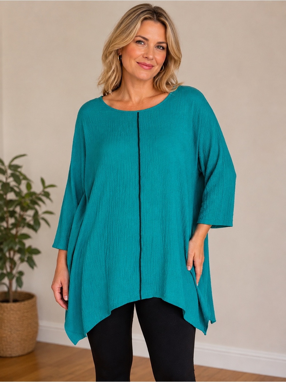Ali Miles Tunic Tops Women’s Size Large 3/4 Sleeve Asymmetrical Turquoise